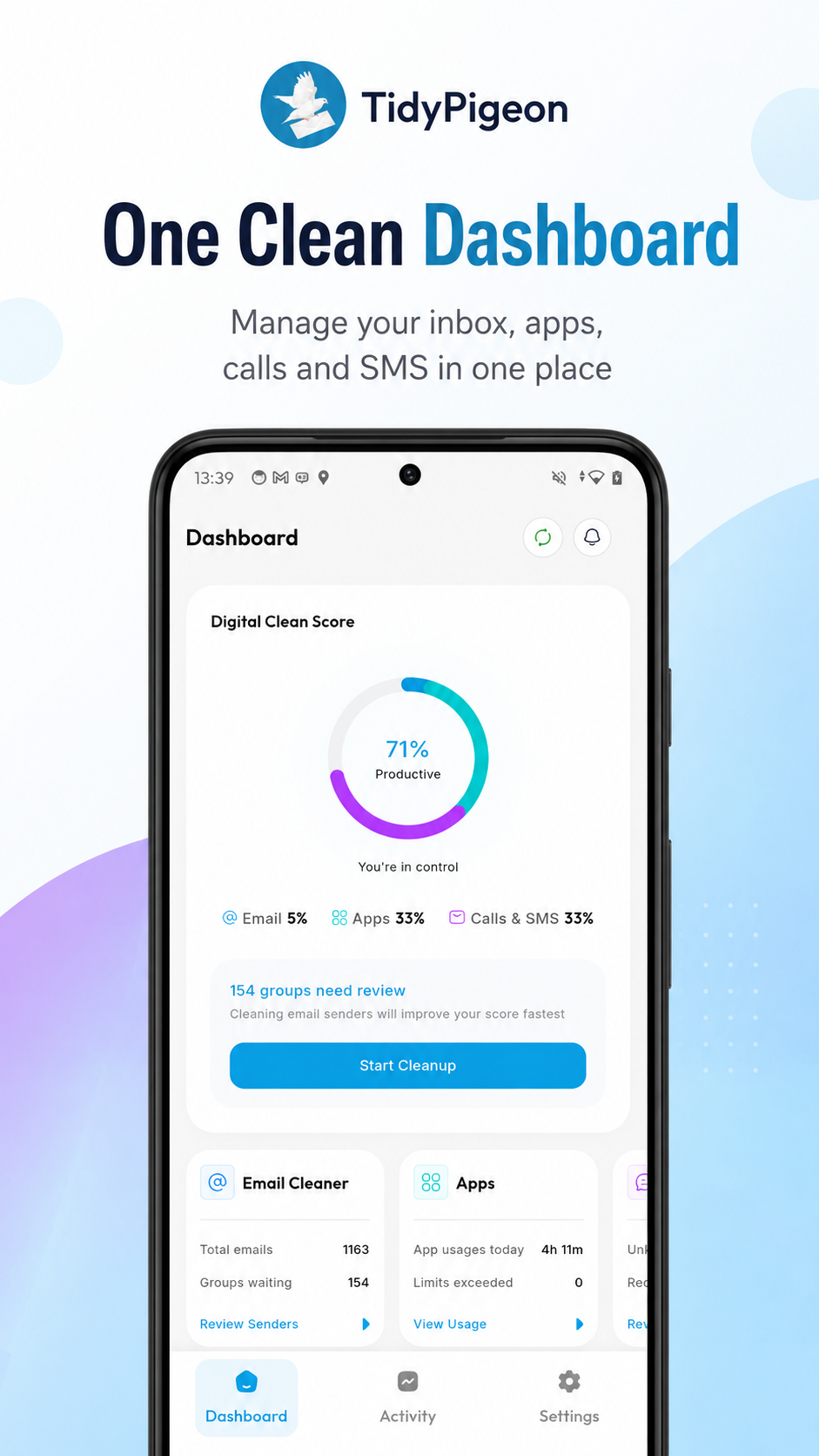 TidyPigeon dashboard showing email, app, call and SMS organisation tools
