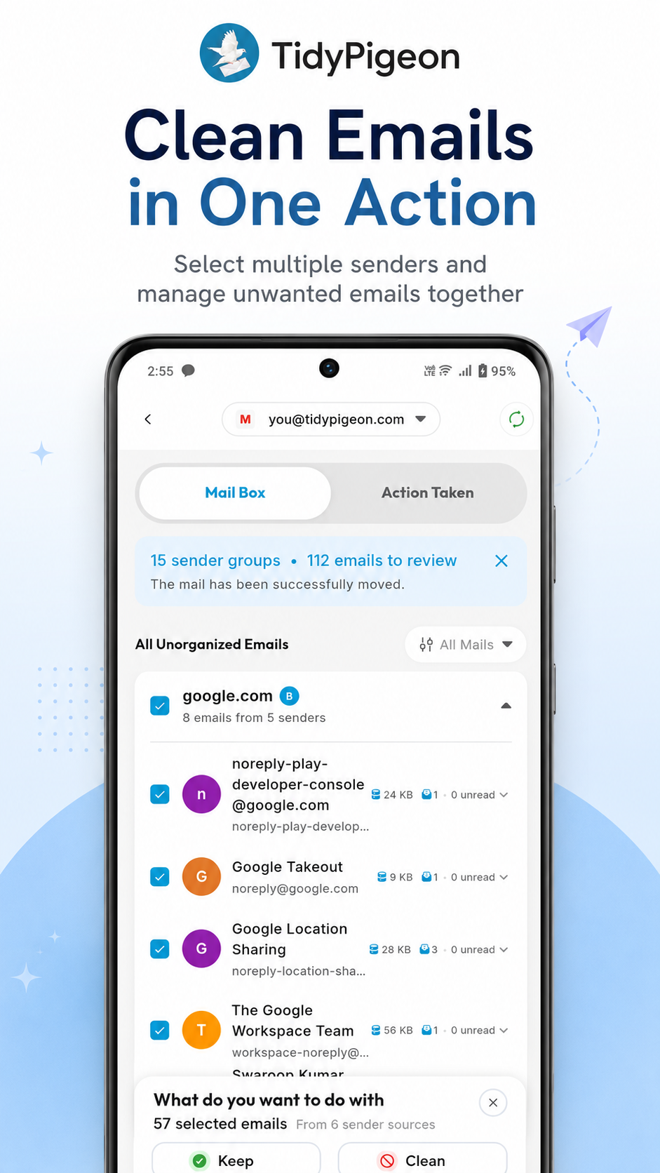 TidyPigeon email cleaner with multiple emails selected for a bulk action