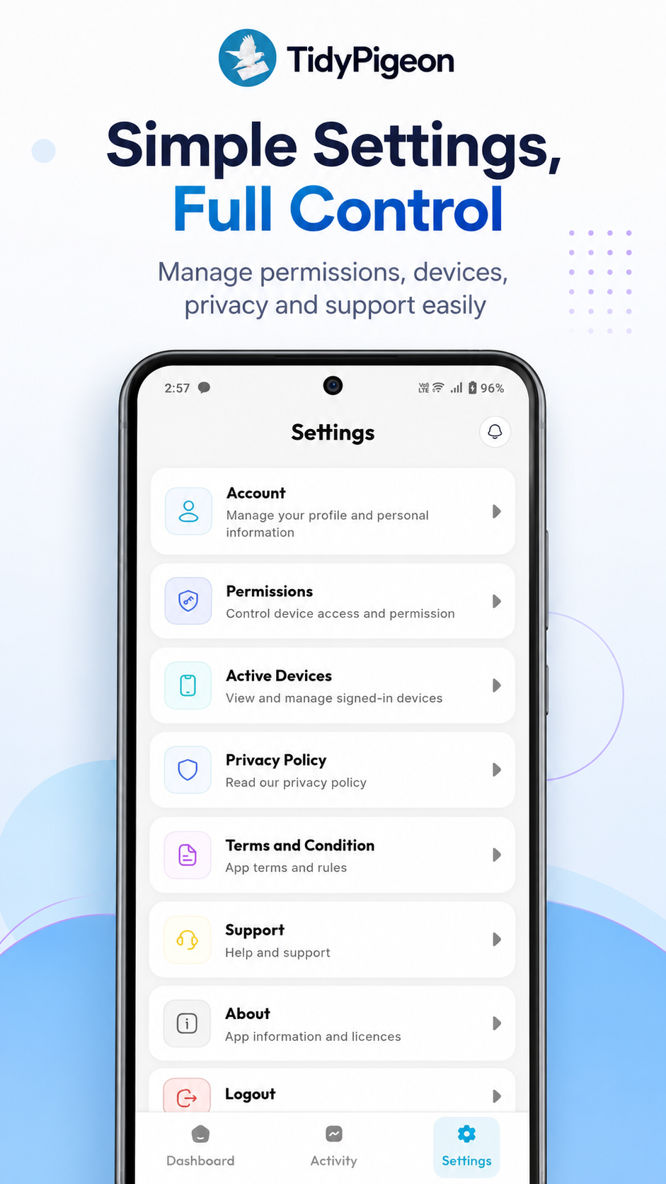 TidyPigeon settings screen with account, permissions, active devices, privacy and support options